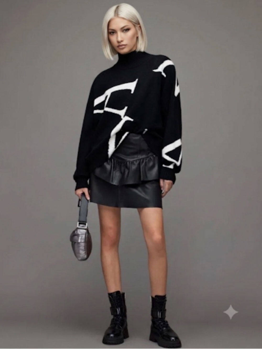 Allsaints Graphic Logo Jacquard Knit Mock Neck Sweater Black White Size L - Picture 2 of 15
